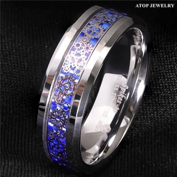 Men's Wedding Band Ring with Clockwork Gears and Blue Carbon Fiber - Picture 6 of 6